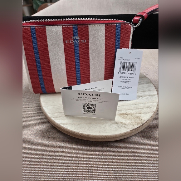Coach Handbags - Coach Red and Blue Striped Wristlet NWT